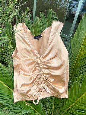 Electric Family Peach Satin Ruched V-Neck Camisole